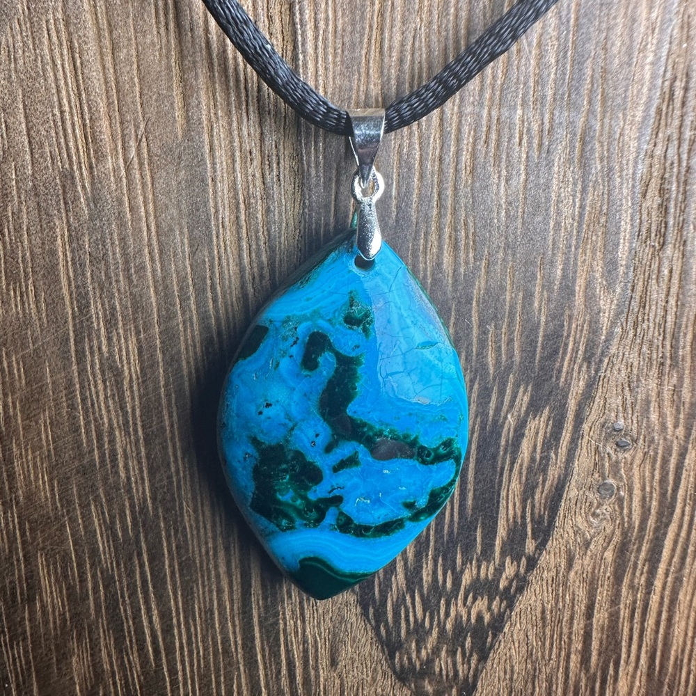 Chrysocolla Teardrop Pendant Necklace on Black Rope - Picture 4 of 14